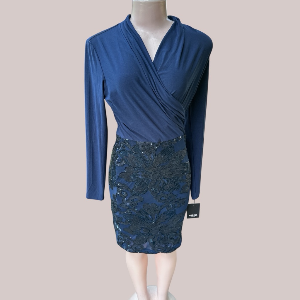 Marina Navy Blue Cocktail Dress With Black Sequined Bottom Size 4 Nwt